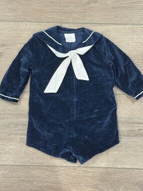 LISA JACKSON Navy Velvet Sailor Zip front Jon Jon with White Bow